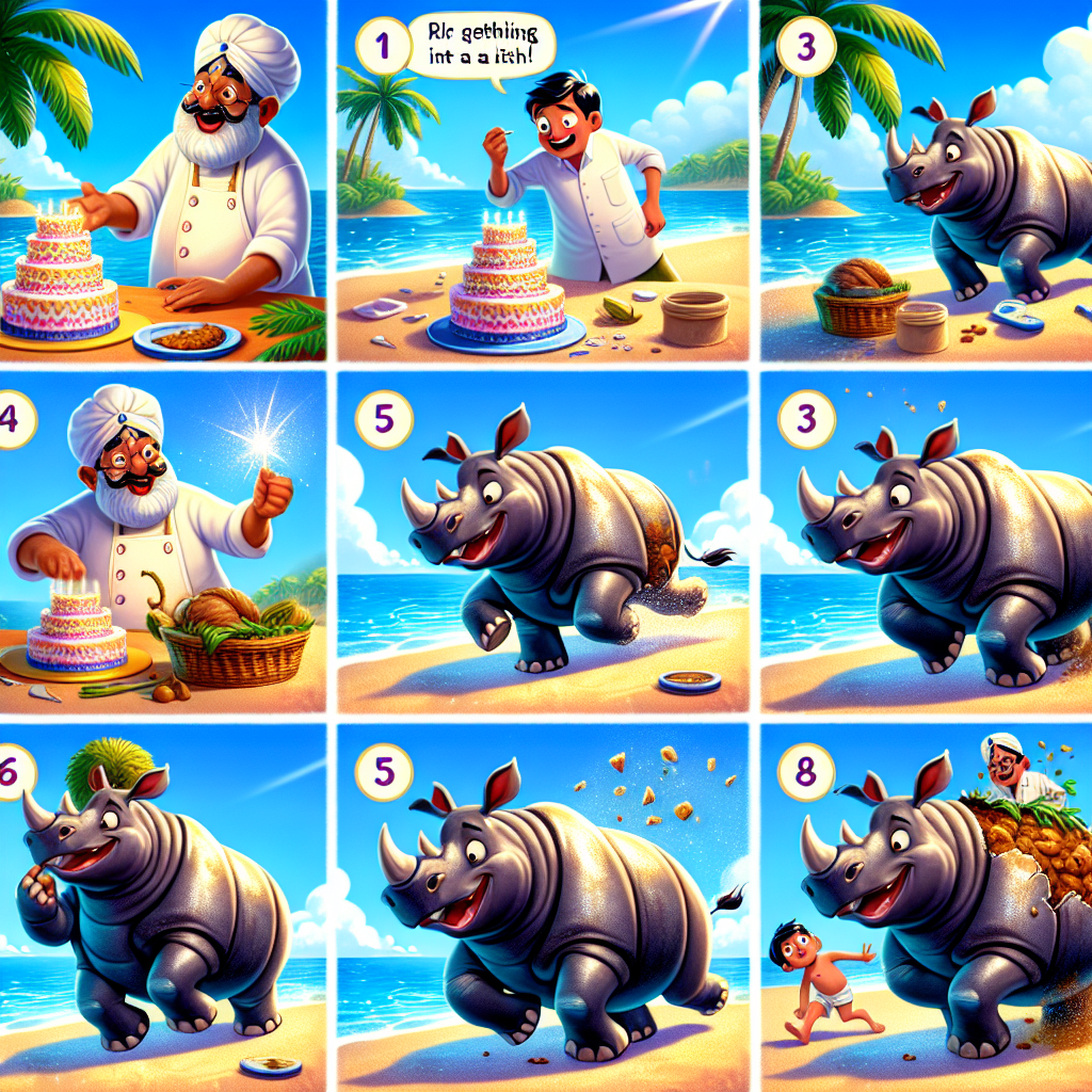 Colorful cartoon storyboard showing 8 key scenes from The Rhinoceros and the Cake's Revenge