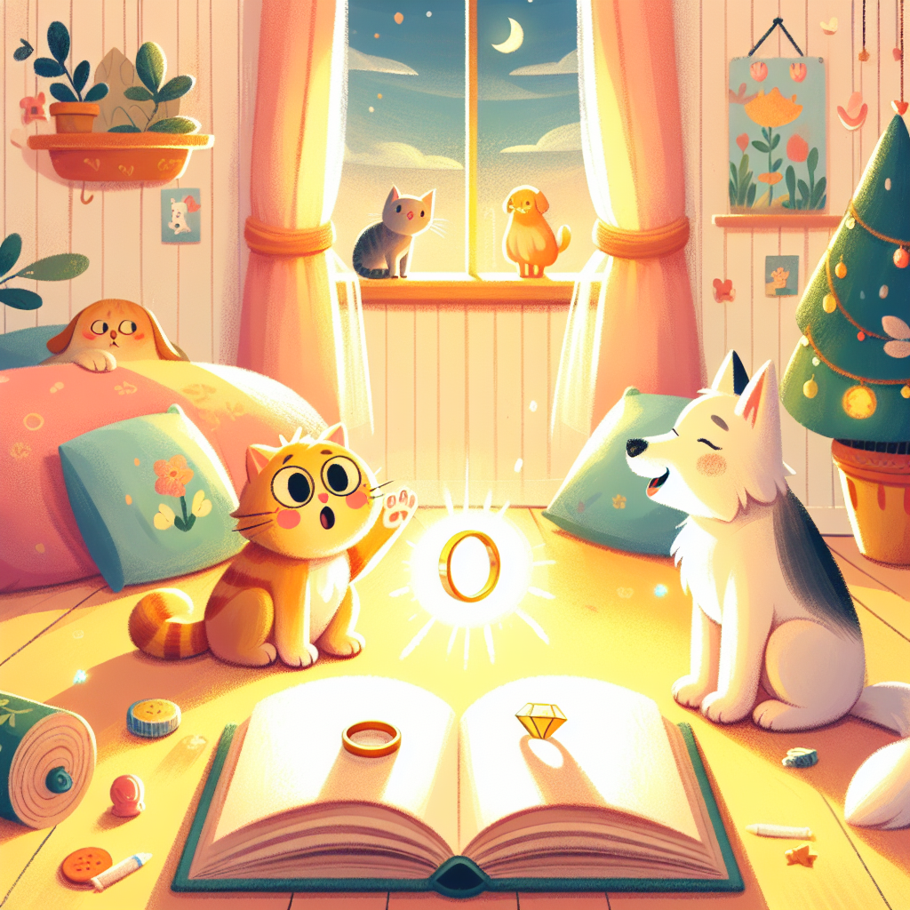 Colorful children's illustration for the story: The Cat, the Dog, and the Ring