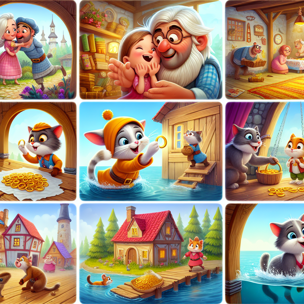 Colorful cartoon storyboard showing 8 key scenes from The Cat, the Dog, and the Ring