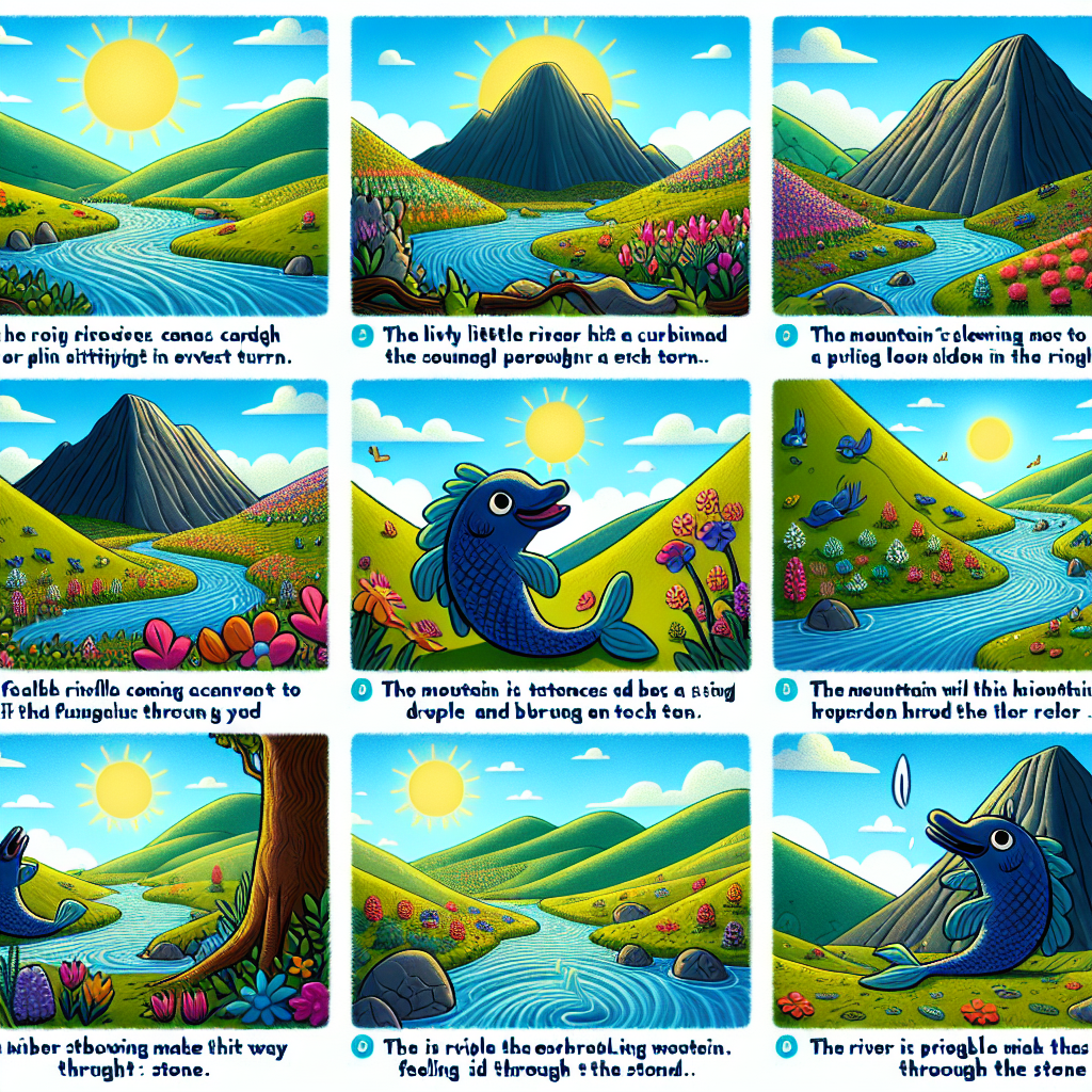 Colorful cartoon storyboard showing 8 key scenes from The River That Carved Through Stone