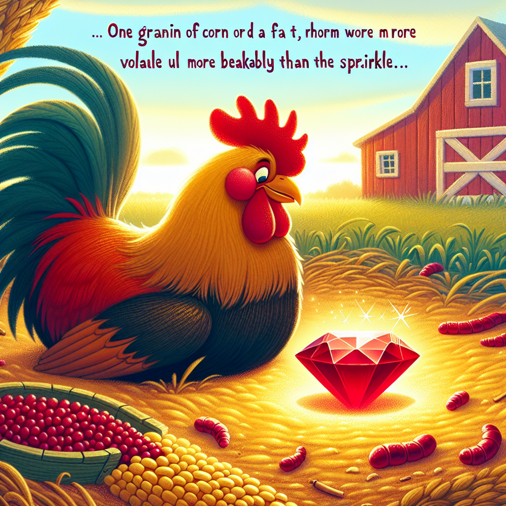 Colorful children's illustration for the story: The Rooster and the Ruby