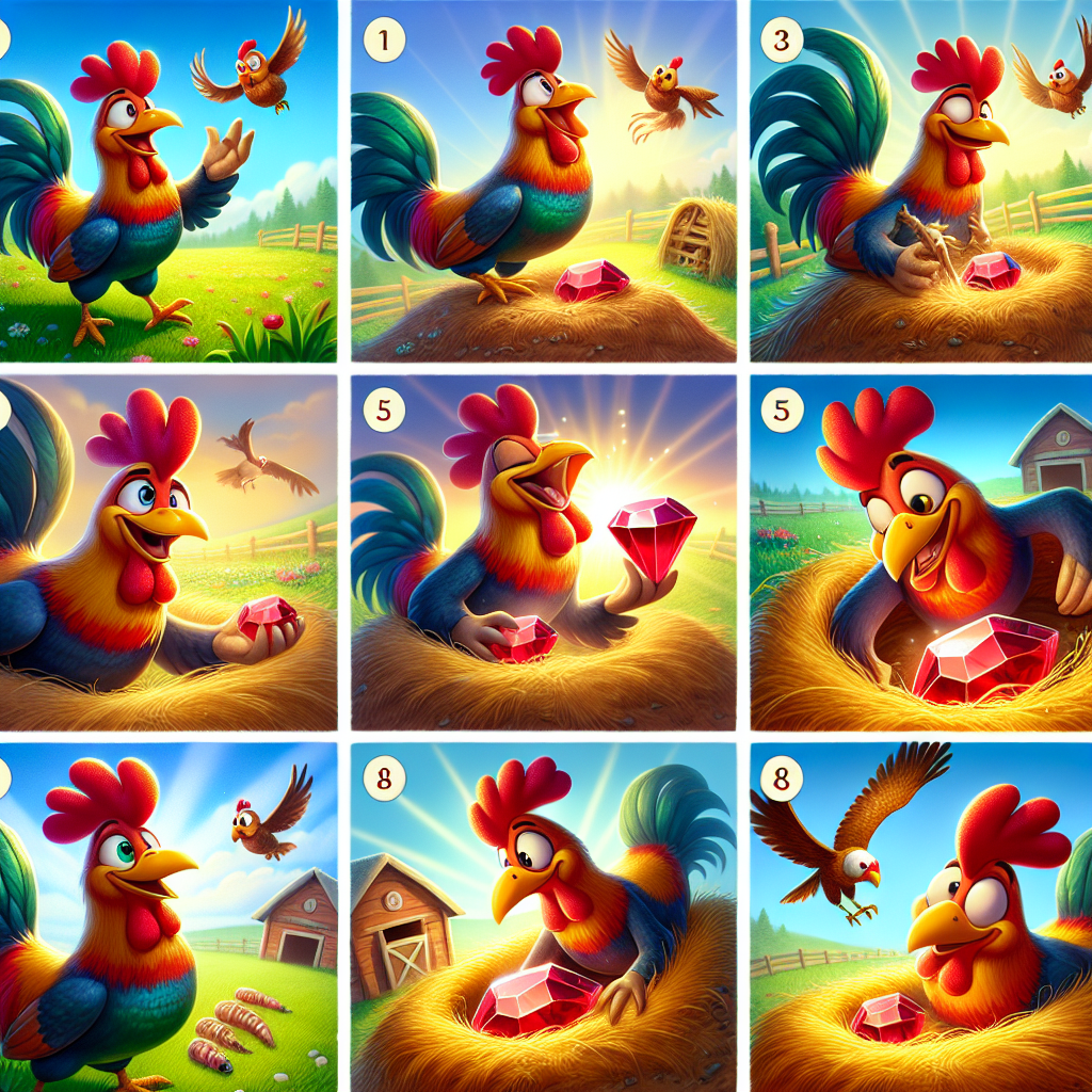 Colorful cartoon storyboard showing 8 key scenes from The Rooster and the Ruby