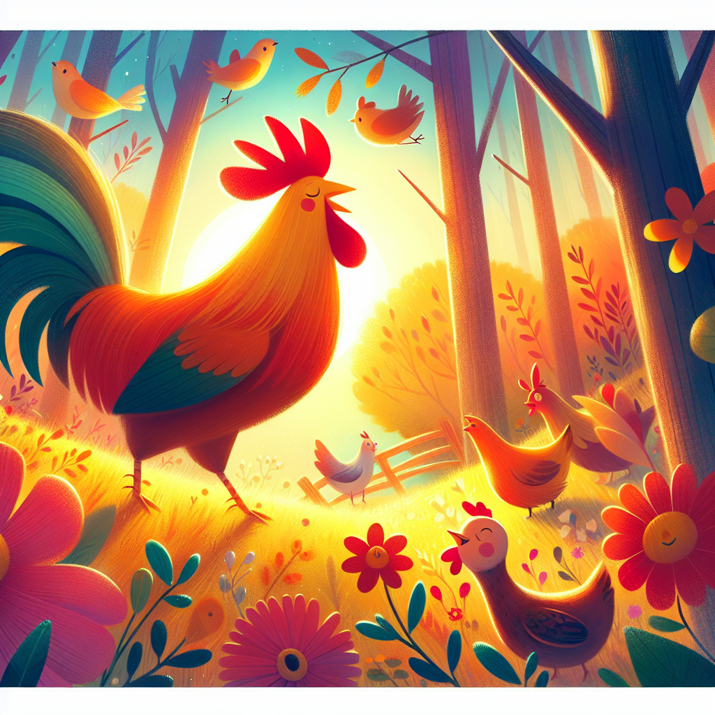 Colorful children's illustration for the story: The Rooster and the Fox