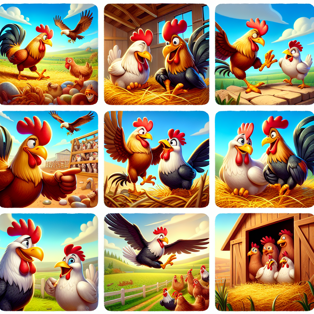 Colorful cartoon storyboard showing 8 key scenes from The Rooster and the Fox