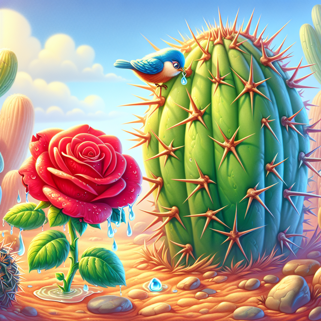 Colorful children's illustration for the story: The Rose and the Cactus