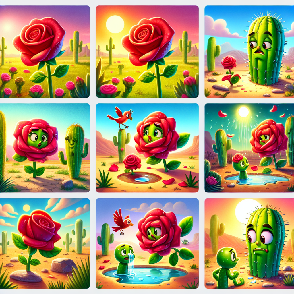 Colorful cartoon storyboard showing 8 key scenes from The Rose and the Cactus