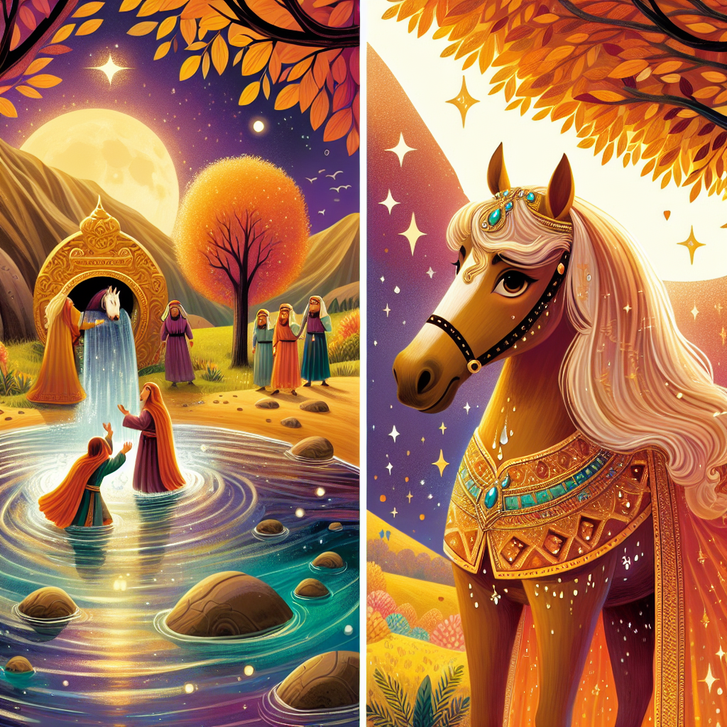 Colorful children's illustration for the story: The Horse Who Refused Dirty Water