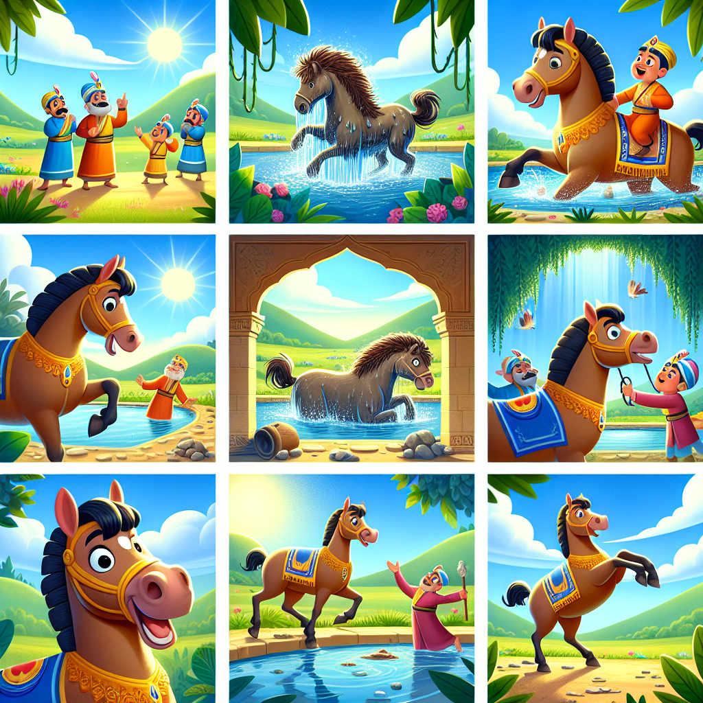 Colorful cartoon storyboard showing 8 key scenes from The Horse Who Refused Dirty Water