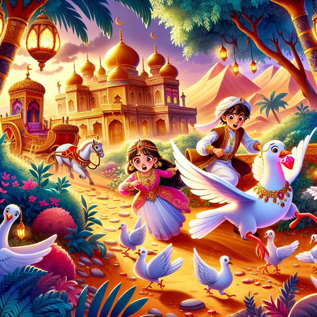 Colorful children's illustration for the story: The Ruby of the Pigeon