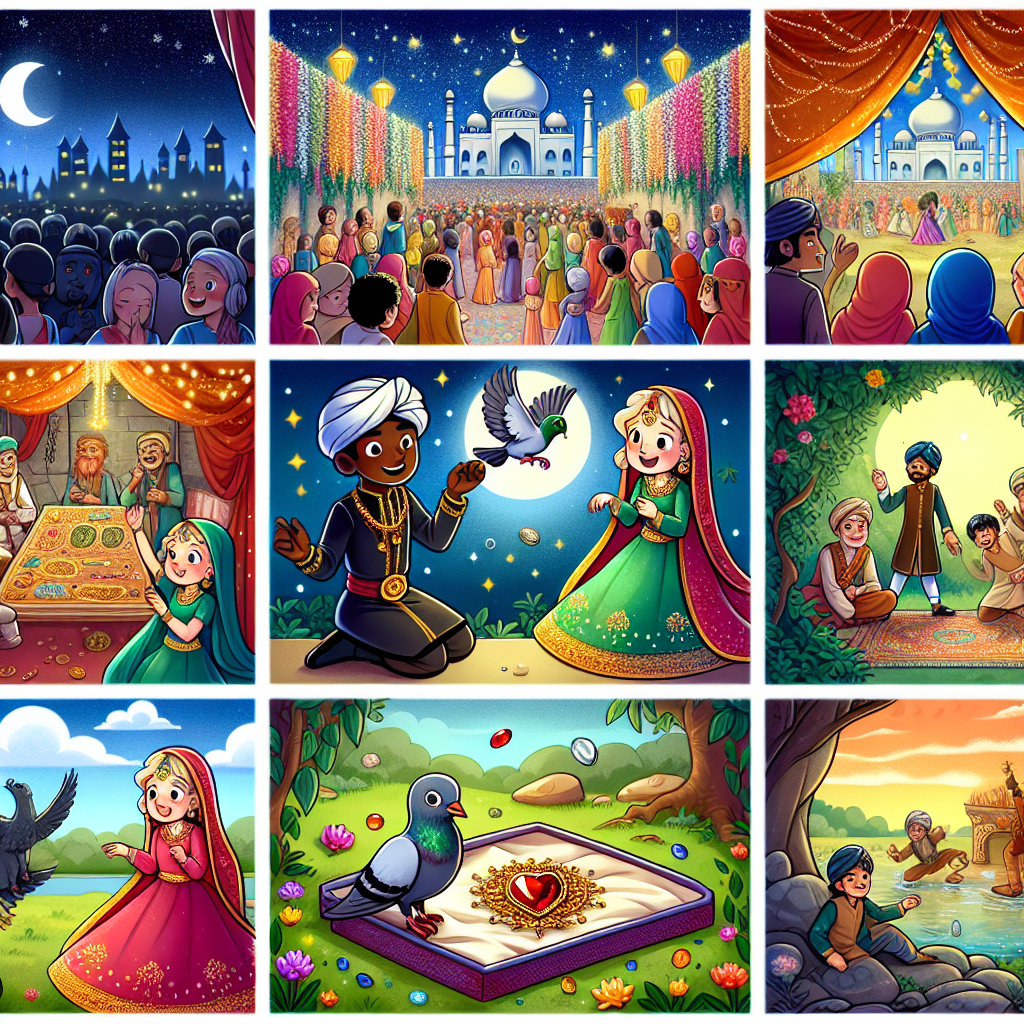 Colorful cartoon storyboard showing 8 key scenes from The Ruby of the Pigeon