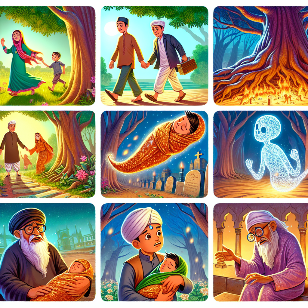 Colorful cartoon storyboard showing 8 key scenes from The Saint Who Cried and Laughed