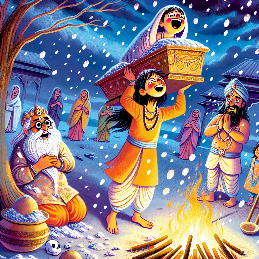 Colorful children's illustration for the story: The Brahmin's Son