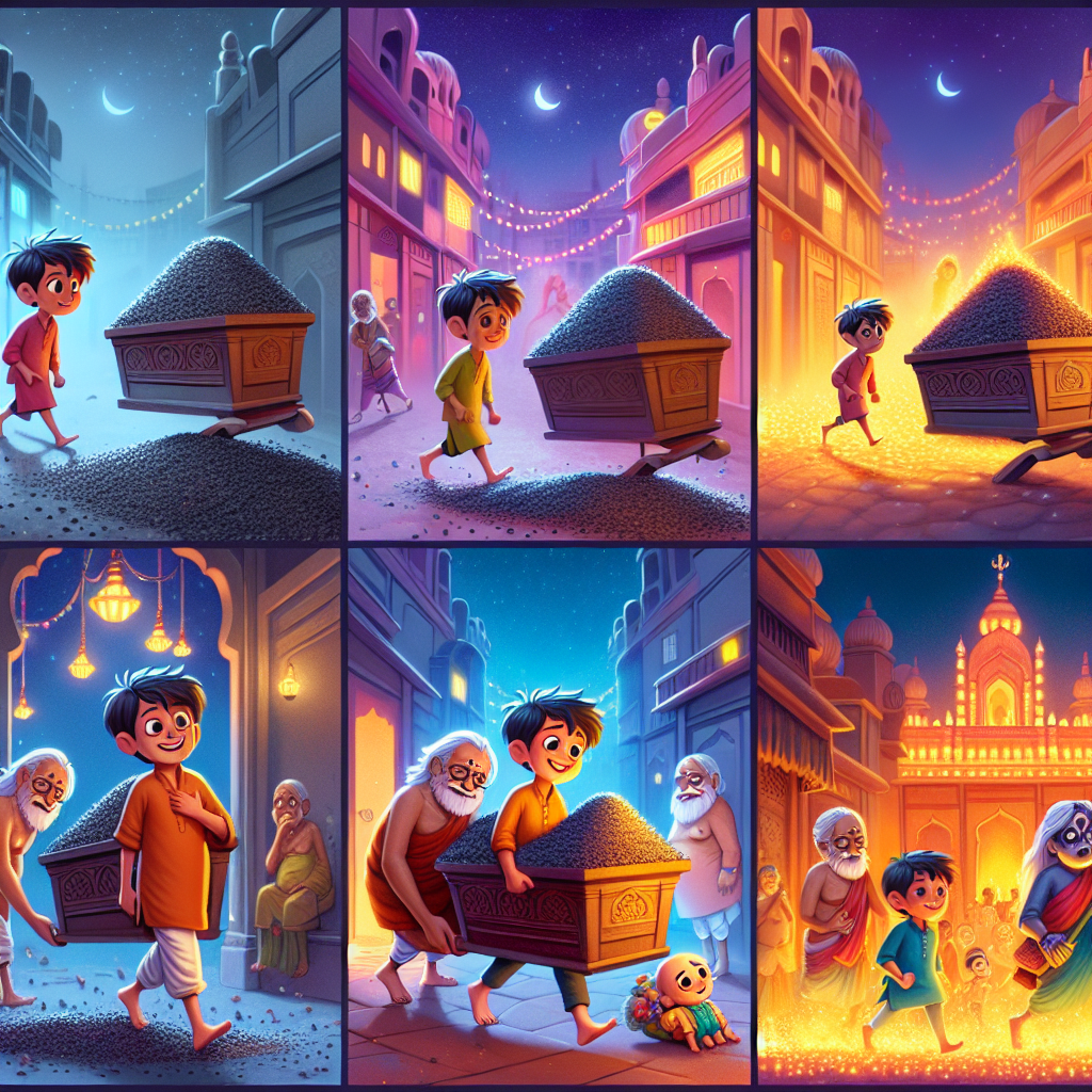 Colorful cartoon storyboard showing 8 key scenes from The Brahmin's Son
