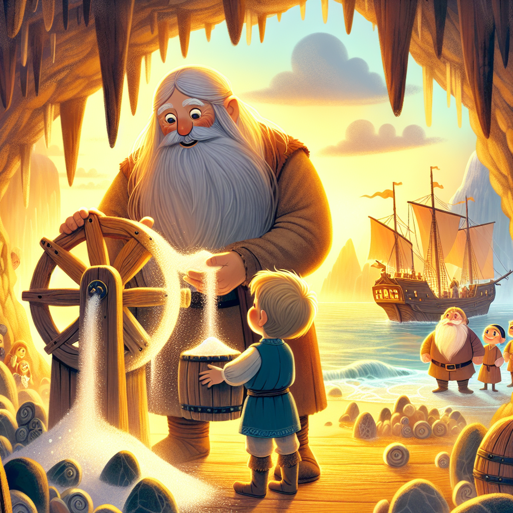 Colorful children's illustration for the story: The Salt Mill at the Bottom of the Sea