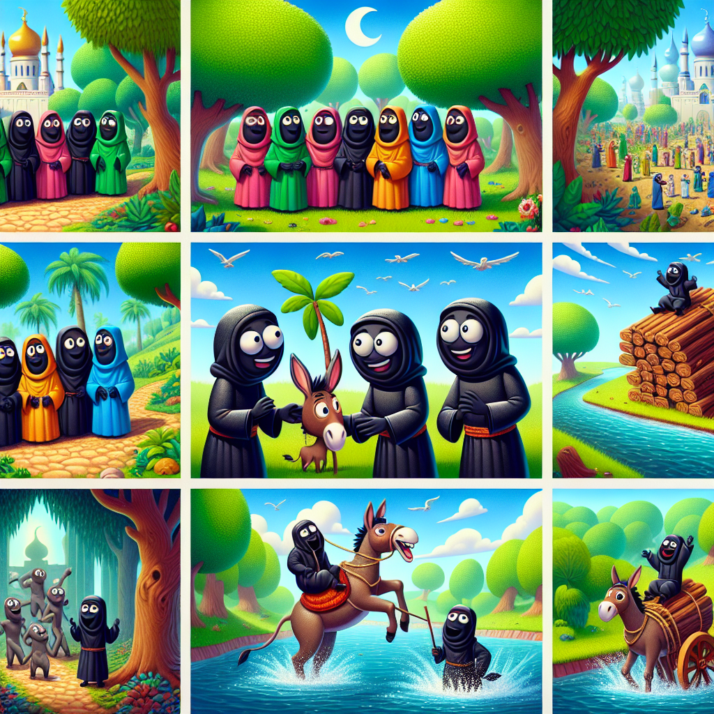Colorful cartoon storyboard showing 8 key scenes from The Blind Leading the Blind