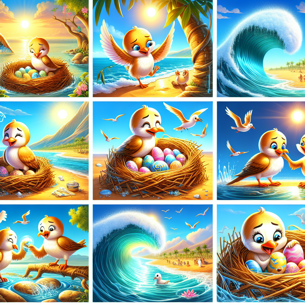 Colorful cartoon storyboard showing 8 key scenes from The Tittibha and the Sea