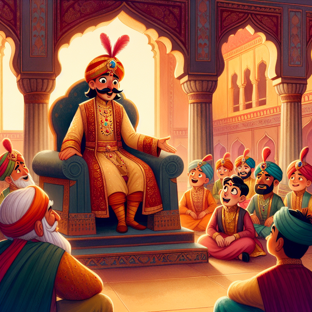 Colorful children's illustration for the story: The Secret of Birbal's Skin
