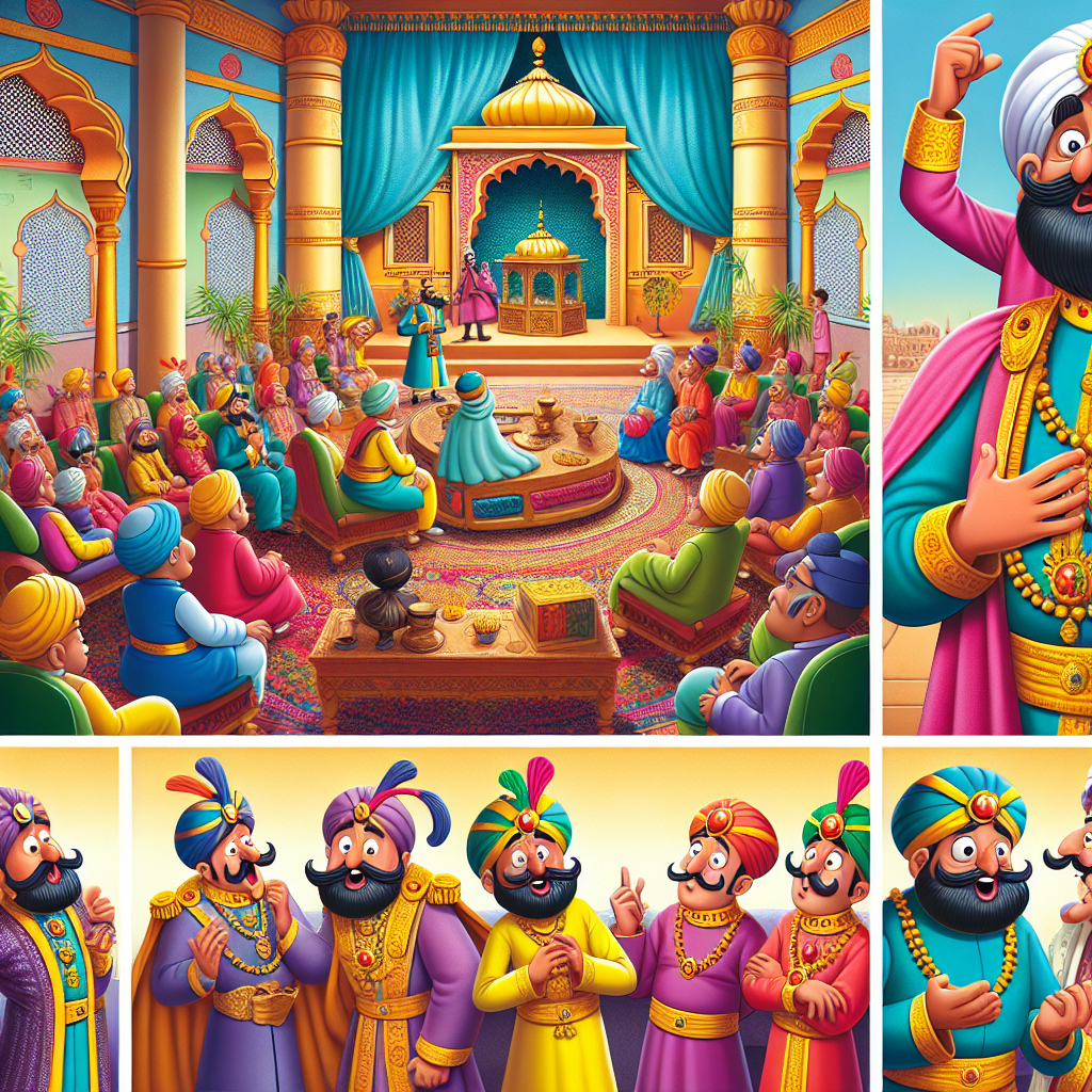 Colorful cartoon storyboard showing 8 key scenes from The Secret of Birbal's Skin