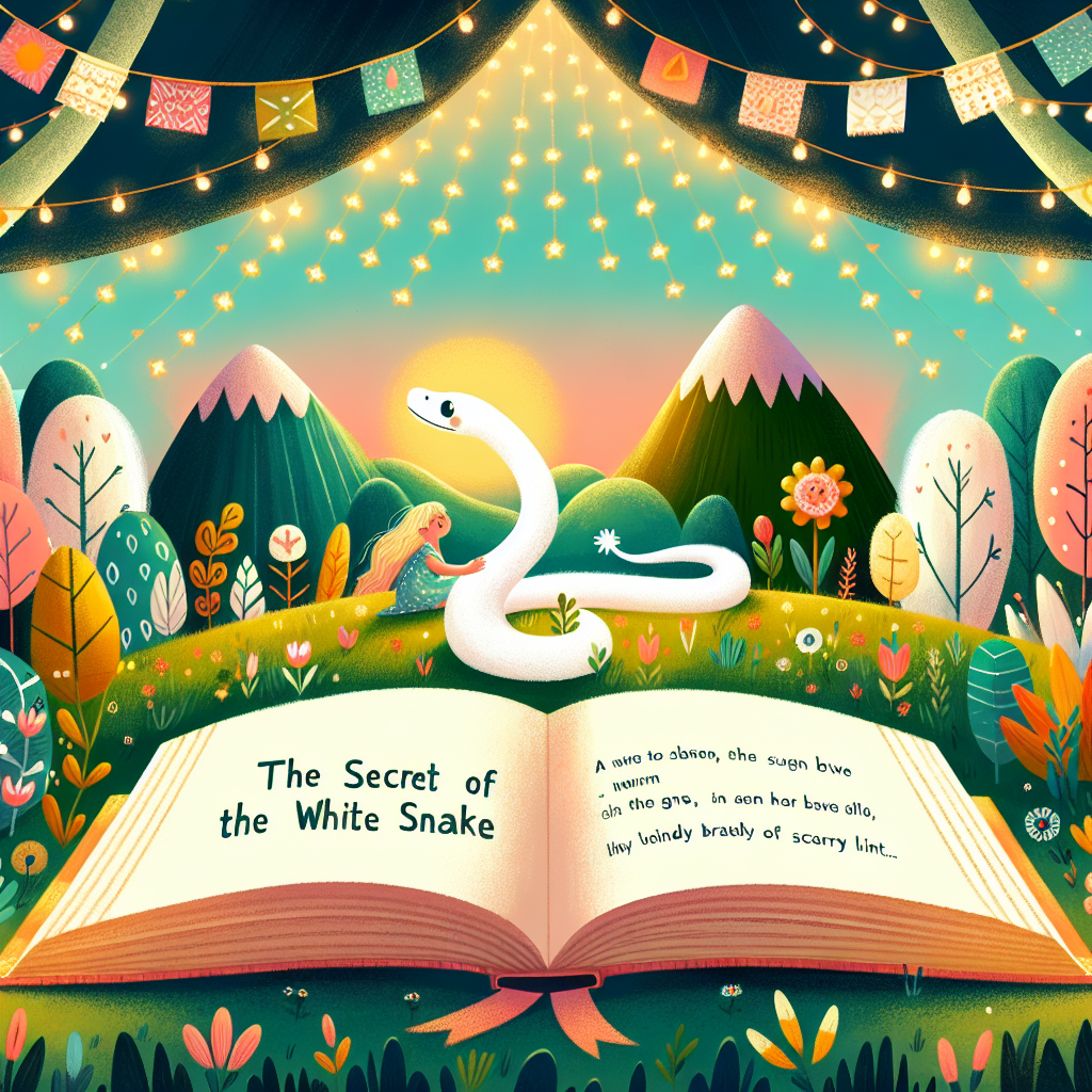 Colorful children's illustration for the story: The White Snake