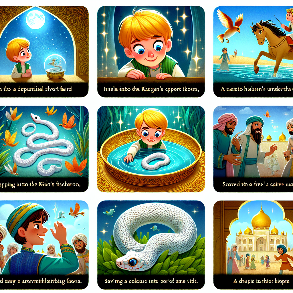 Colorful cartoon storyboard showing 8 key scenes from The White Snake