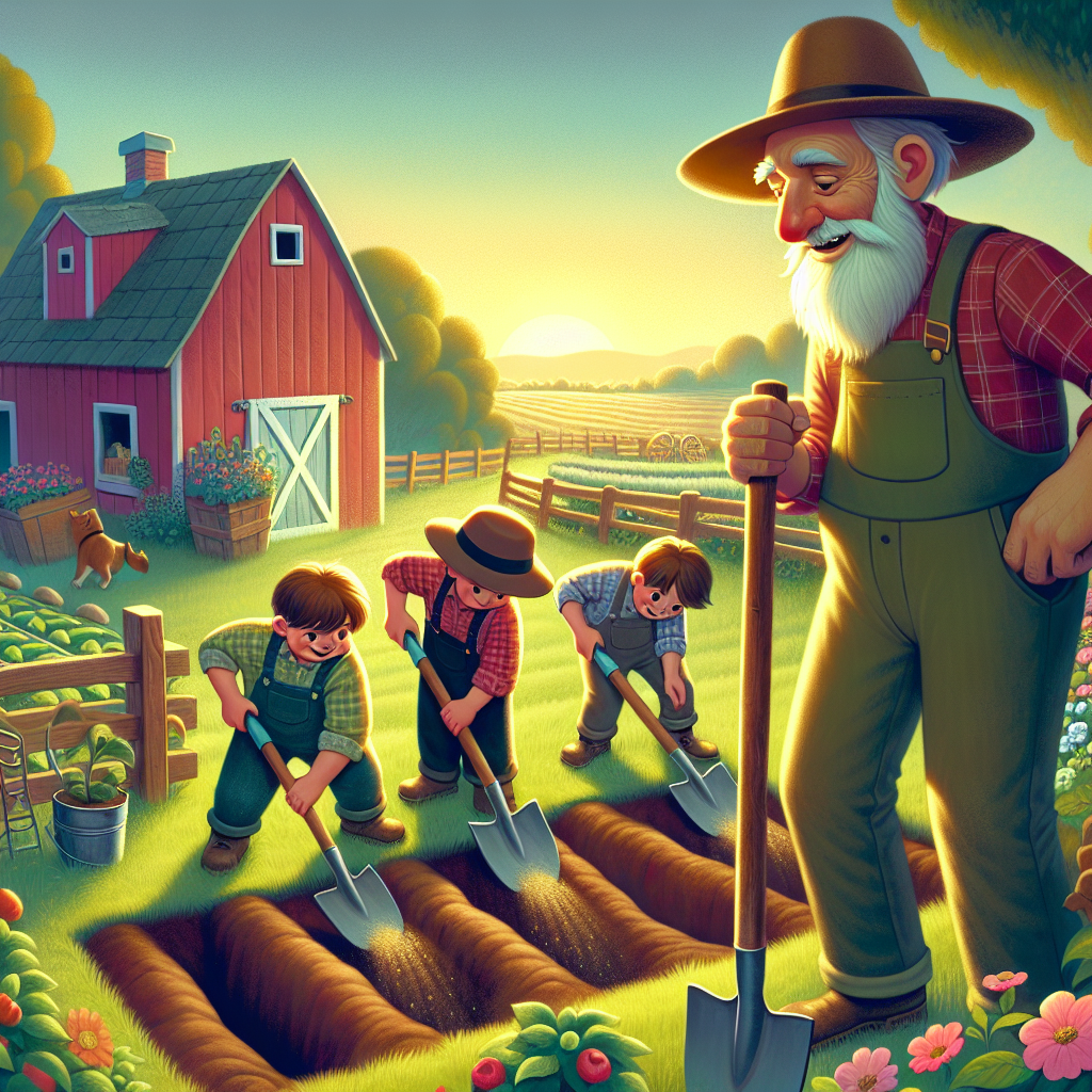 Colorful children's illustration for the story: The Hardworking Farmer's Treasure
