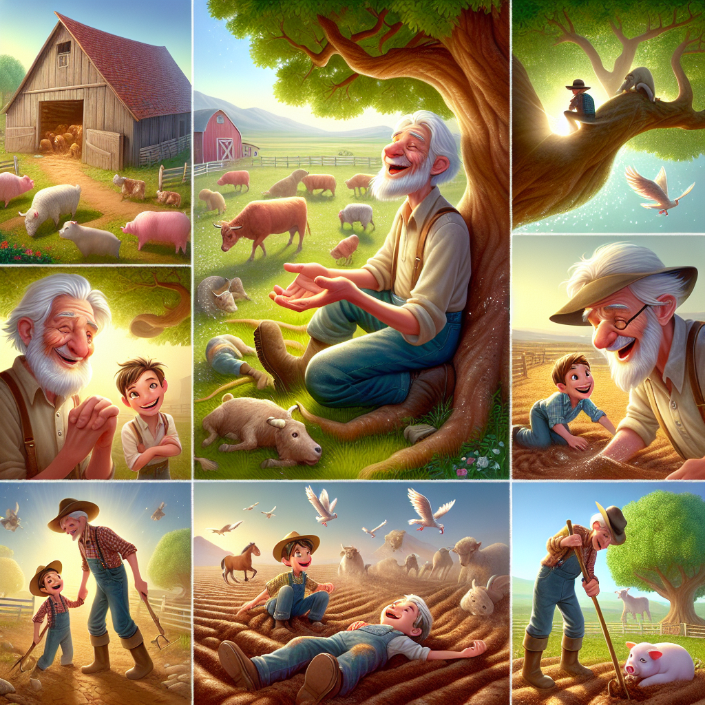 Colorful cartoon storyboard showing 8 key scenes from The Hardworking Farmer's Treasure