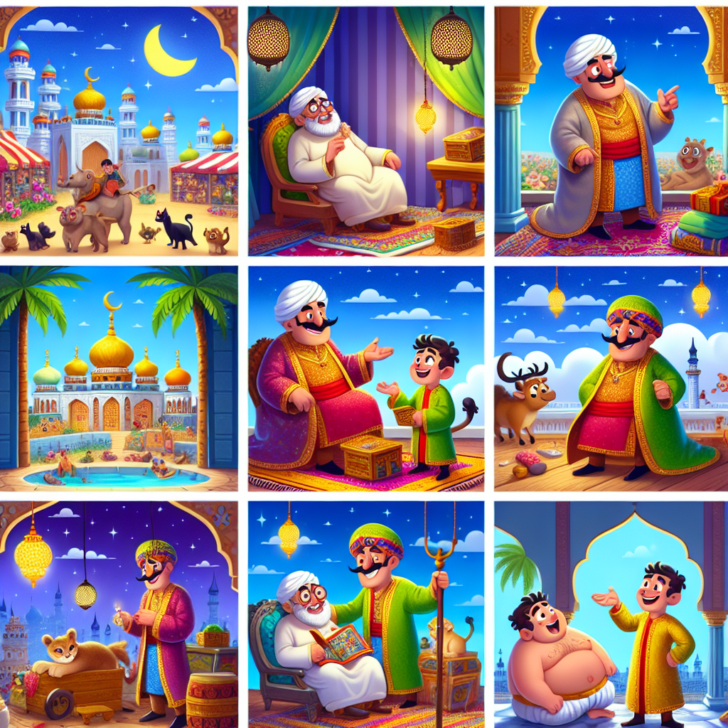 Colorful cartoon storyboard showing 8 key scenes from The Servant Who Spoke in His Sleep