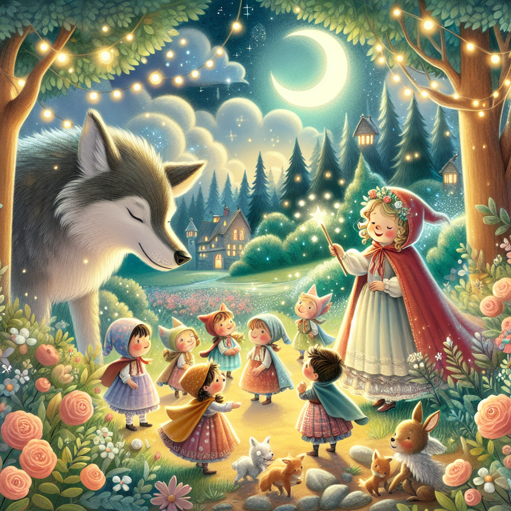 Colorful children's illustration for the story: The Wolf and the Seven Young Kids