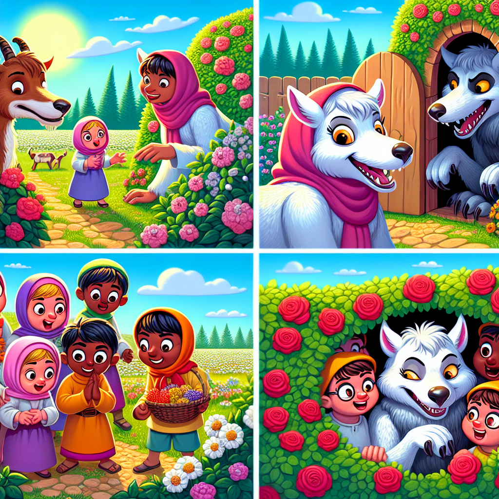 Colorful cartoon storyboard showing 8 key scenes from The Wolf and the Seven Young Kids