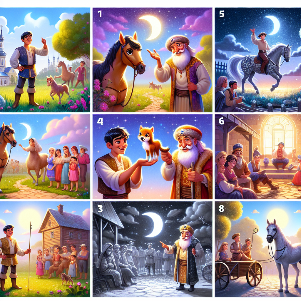 Colorful cartoon storyboard showing 8 key scenes from The Clever Girl Who Outsmarted the Tsar