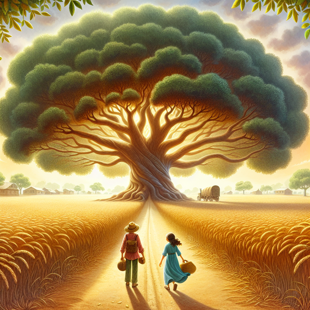 Colorful children's illustration for the story: The Grateful Tree