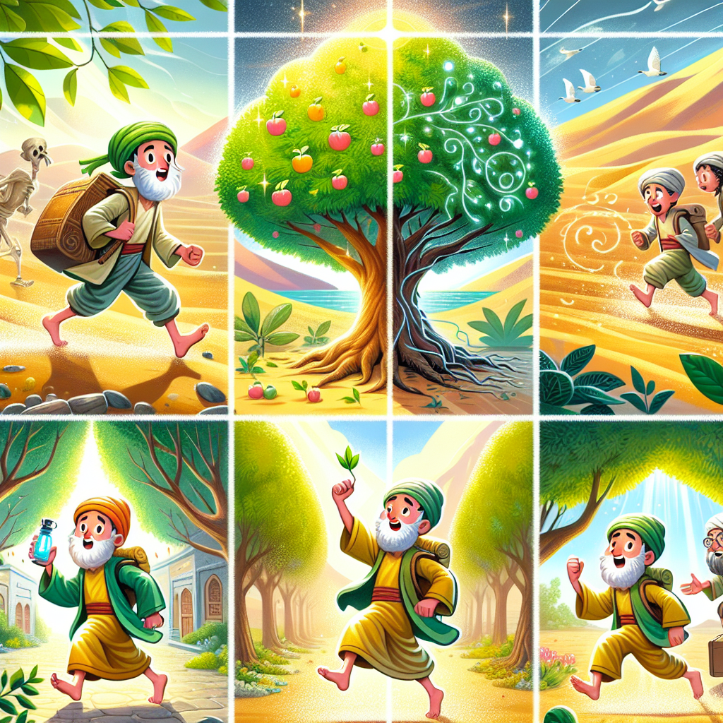 Colorful cartoon storyboard showing 8 key scenes from The Grateful Tree