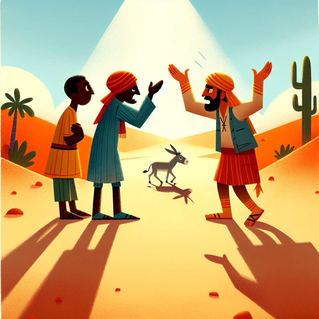 Colorful children's illustration for the story: The Donkey in the Shade