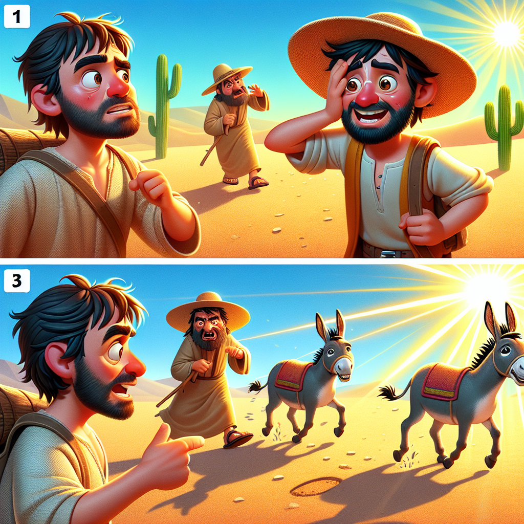 Colorful cartoon storyboard showing 8 key scenes from The Donkey in the Shade