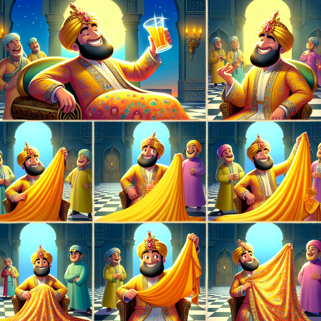 Colorful cartoon storyboard showing 8 key scenes from The Short Shawl