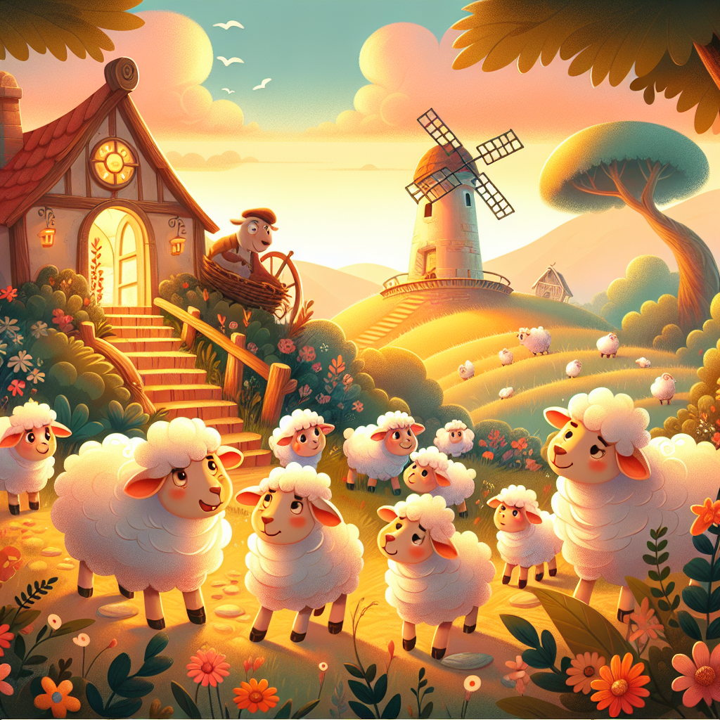 Colorful children's illustration for the story: The Sheep and the Dogs