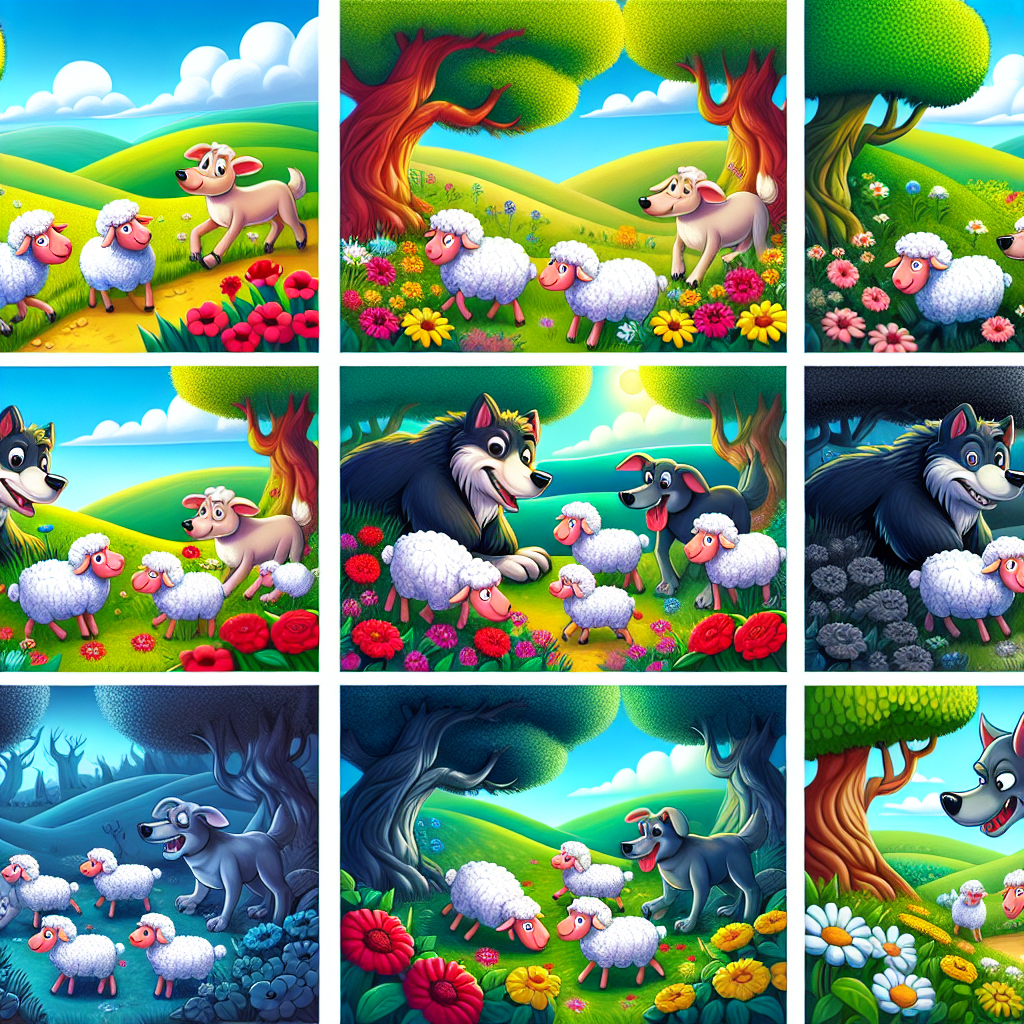 Colorful cartoon storyboard showing 8 key scenes from The Sheep and the Dogs
