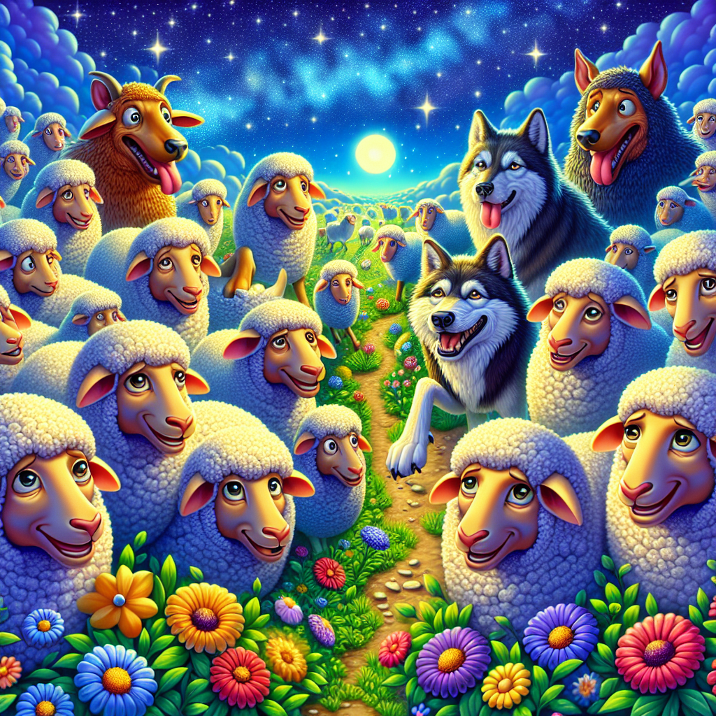 Colorful cartoon storyboard showing 8 key scenes from The Sheep and Their Guardians
