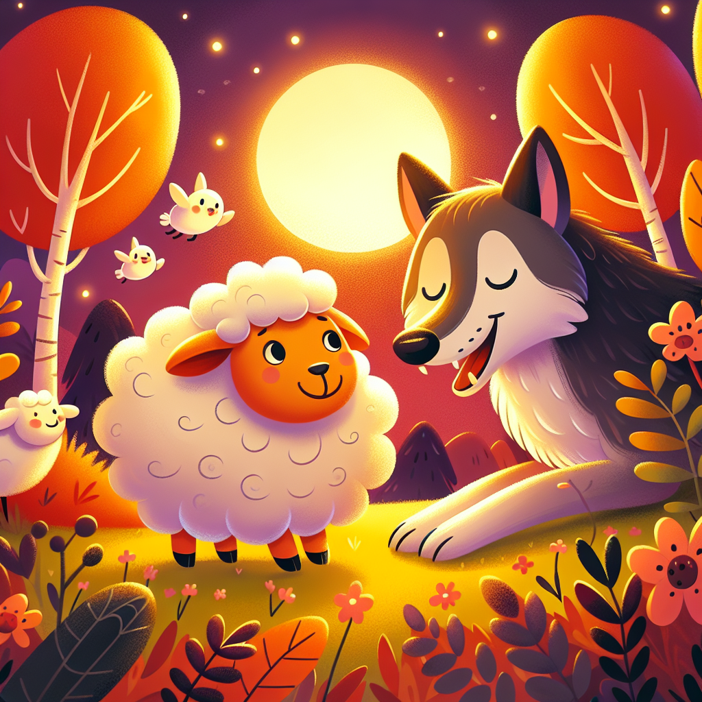 Colorful children's illustration for the story: The Clever Sheep and the Hungry Wolf