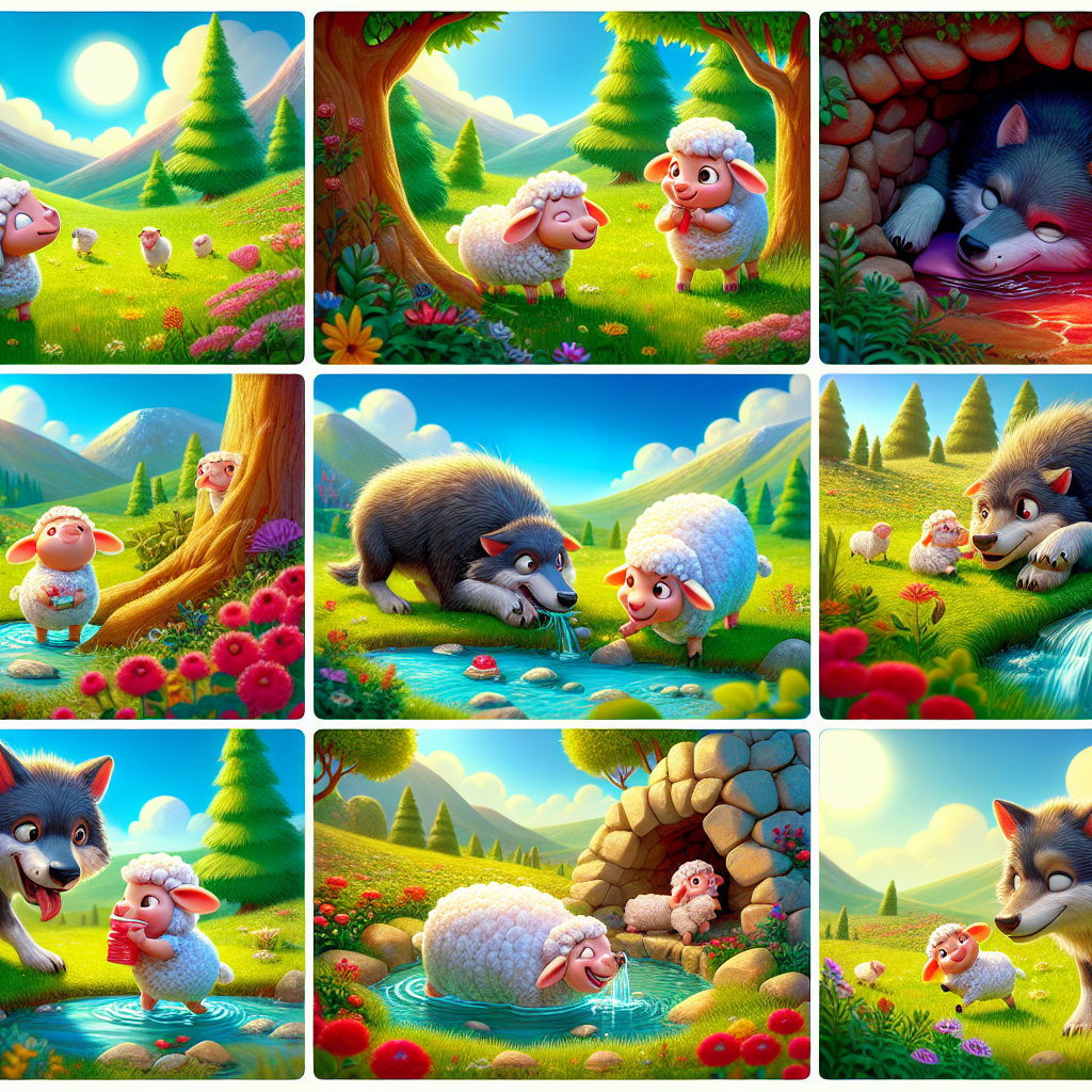 Colorful cartoon storyboard showing 8 key scenes from The Clever Sheep and the Hungry Wolf