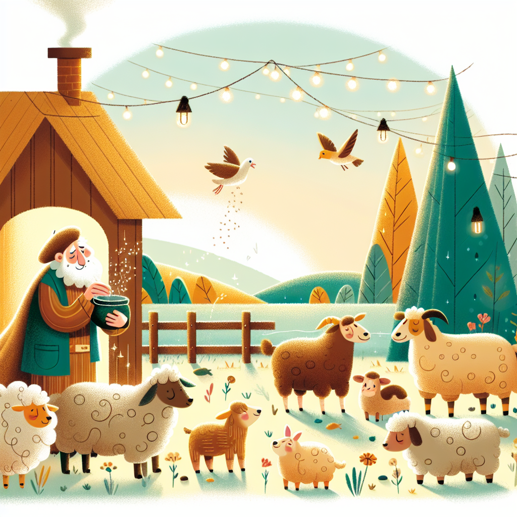 Colorful children's illustration for the story: The Shepherd and the Wolf