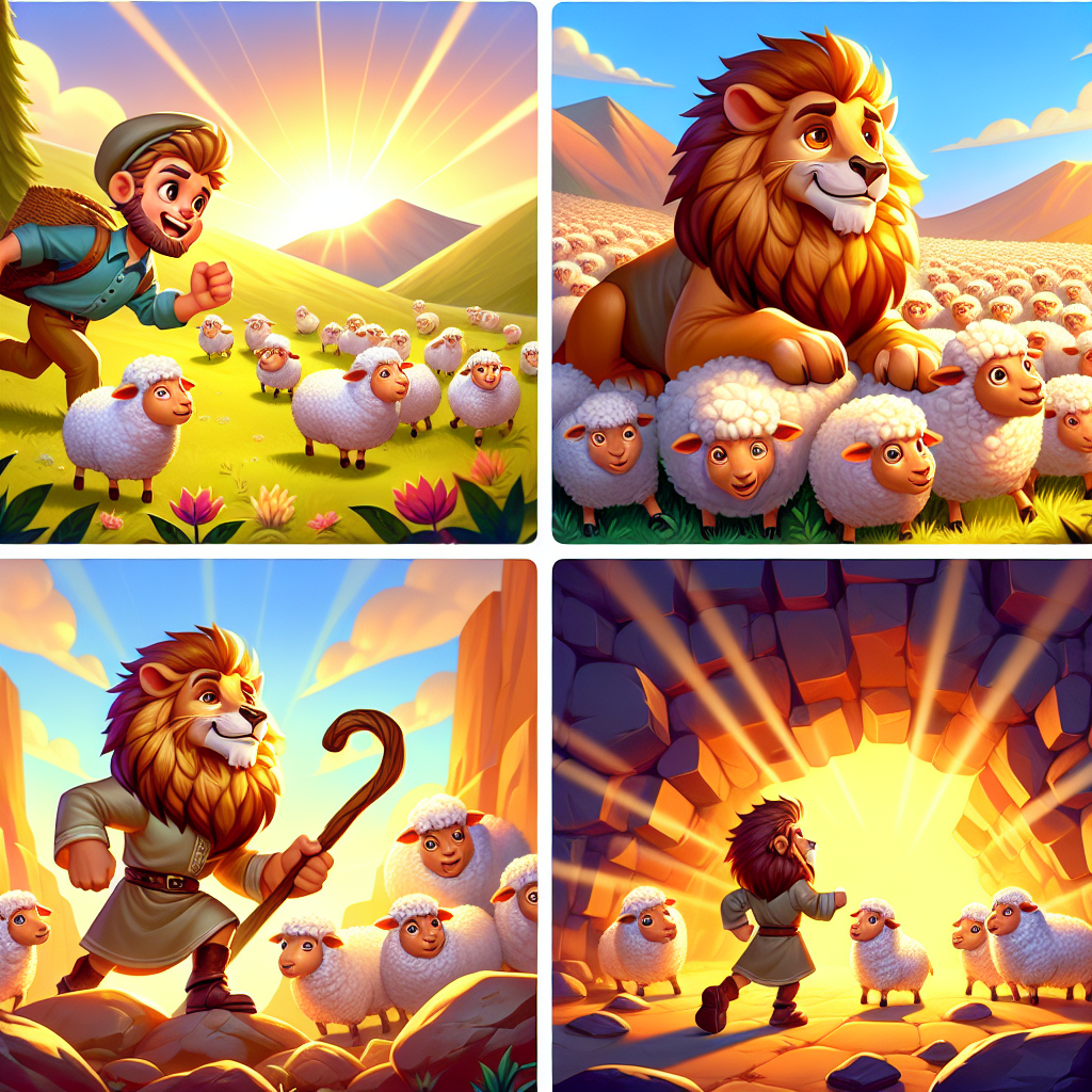 Colorful cartoon storyboard showing 8 key scenes from The Shepherd and the Wolf