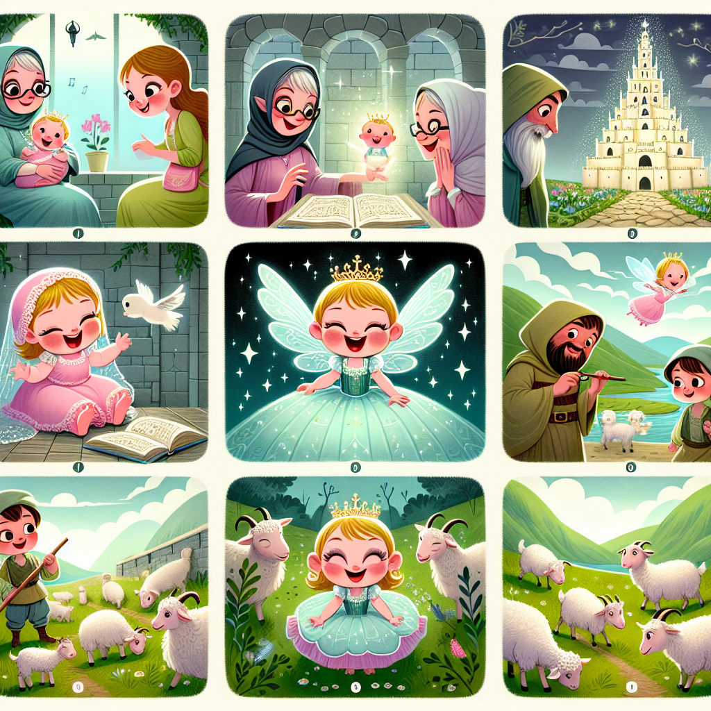 Colorful cartoon storyboard showing 8 key scenes from The Lost Princess