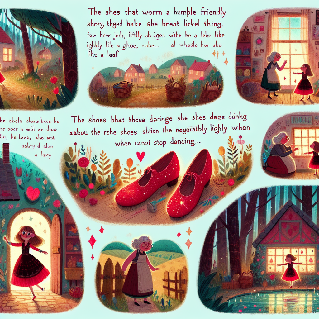 Colorful children's illustration for the story: The Red Shoes