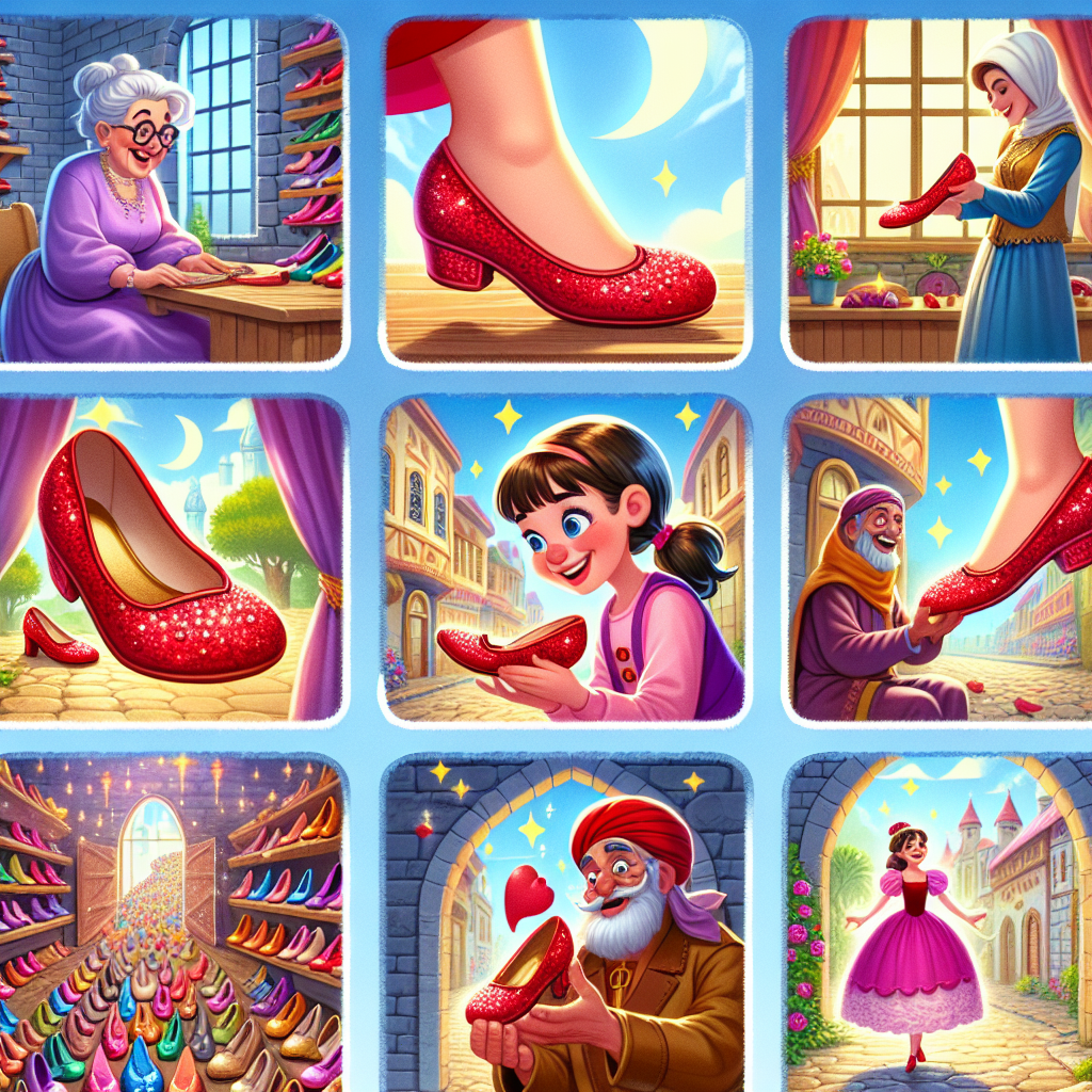 Colorful cartoon storyboard showing 8 key scenes from The Red Shoes