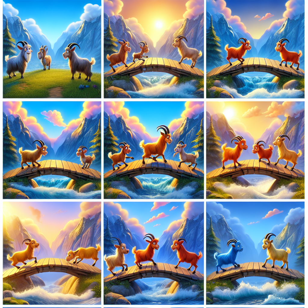 Colorful cartoon storyboard showing 8 key scenes from The Two Goats