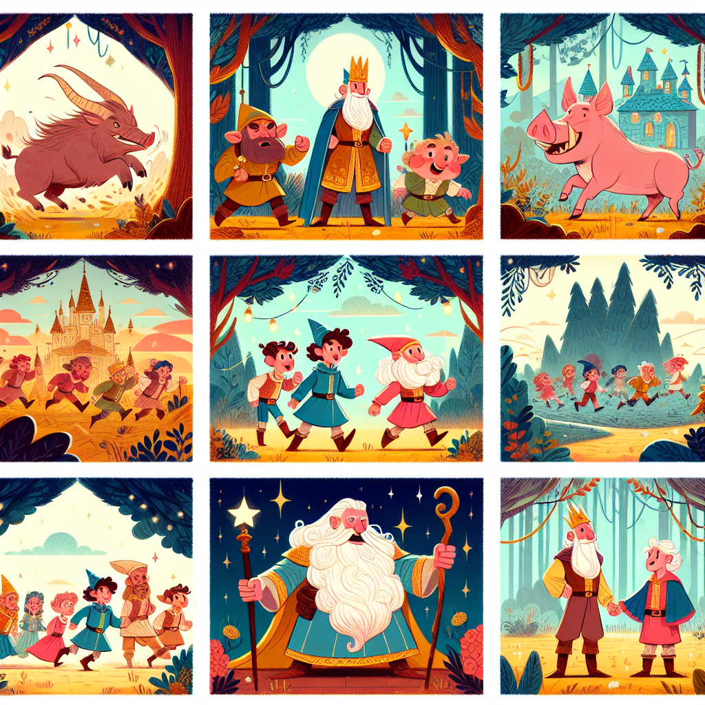 Colorful cartoon storyboard showing 8 key scenes from The Singing Bone