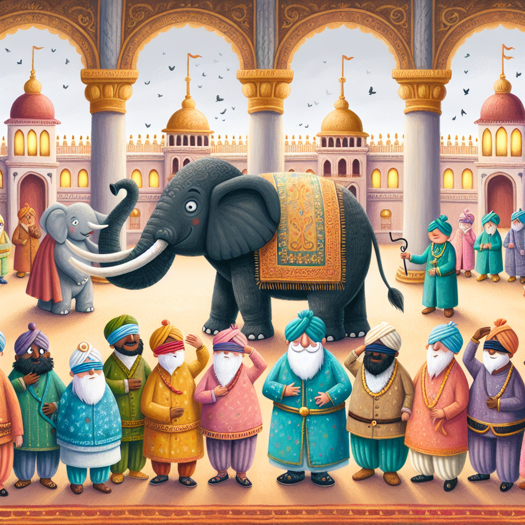 Colorful children's illustration for the story: The Blind Men and the Elephant