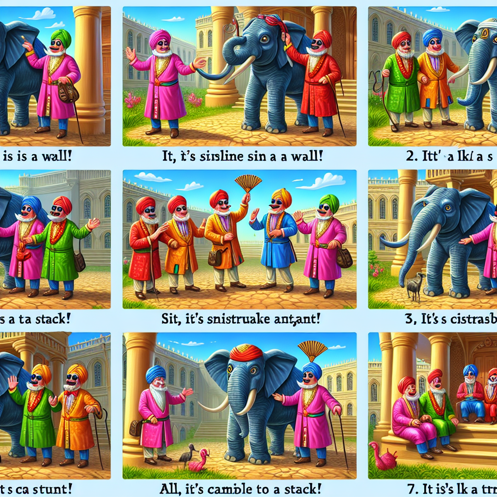 Colorful cartoon storyboard showing 8 key scenes from The Blind Men and the Elephant