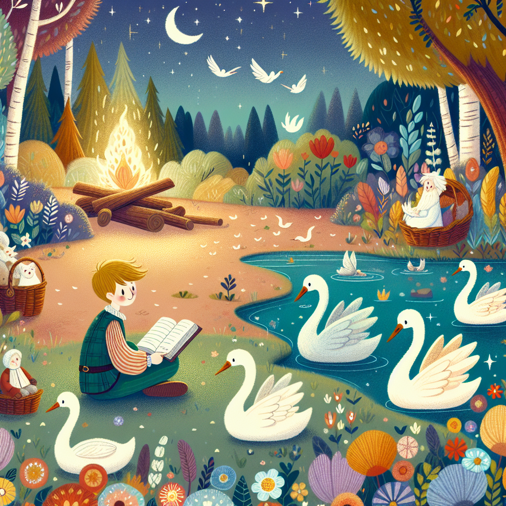 Colorful children's illustration for the story: The Six Swans